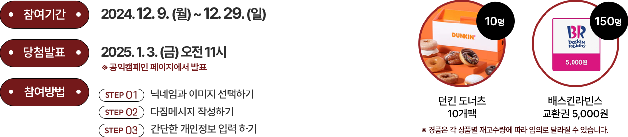 참여기간 : 2024.12.2(월)~12.22(일) | 당첨발표 : 2024.12.27(금)11시 공익캠페인 페이지에서 발표 | 참여방법 - 대응방법을 읽어보기, 읽고난후 확인 체크하기, 간단한 개인정보 입력 완료 | 경품 - 푸라닭 씬후라이드치킨 + 콜라 1.25L, 스타벅스 아메리카노 T